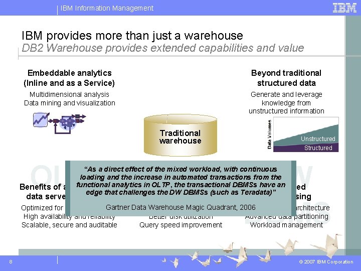 IBM Information Management IBM provides more than just a warehouse DB 2 Warehouse provides