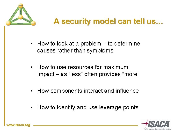 A security model can tell us… • How to look at a problem –