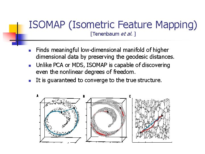 ISOMAP (Isometric Feature Mapping) [Tenenbaum et al. ] n n n Finds meaningful low-dimensional