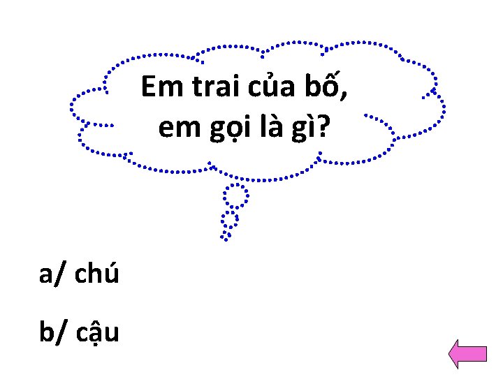 Em trai của bố, em gọi là gì? a/ chú b/ cậu 