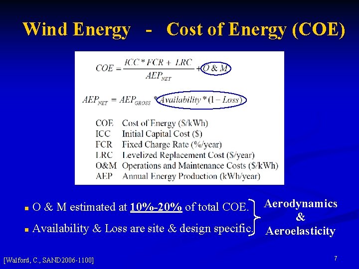 Wind Energy - Cost of Energy (COE) Aerodynamics & n Availability & Loss are