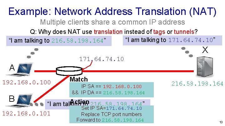 Example: Network Address Translation (NAT) Multiple clients share a common IP address Q: Why