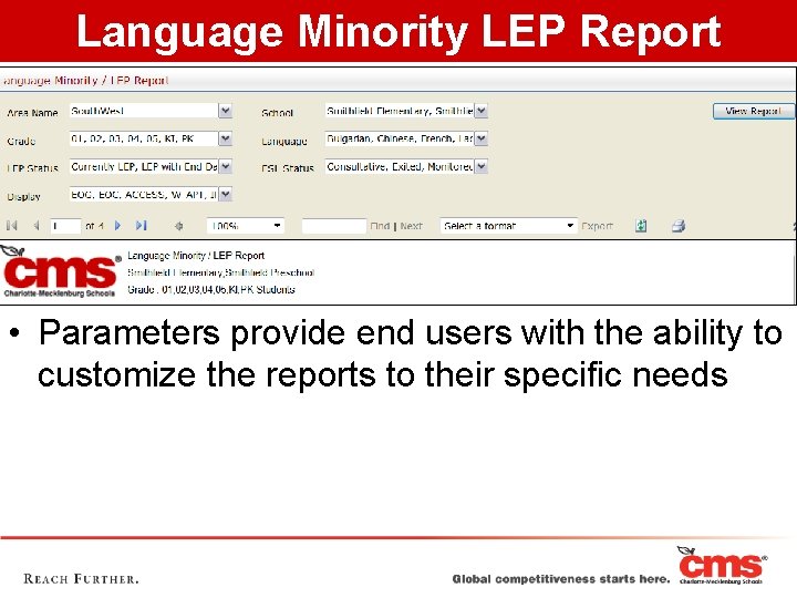 Language Minority LEP Report • Parameters provide end users with the ability to customize