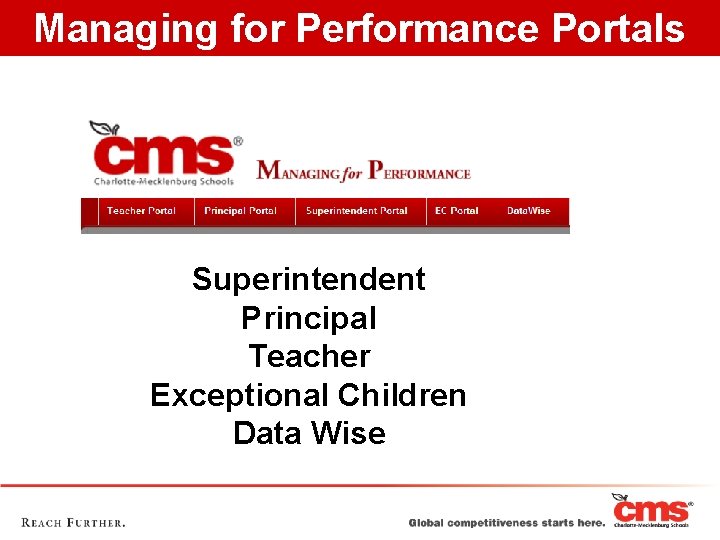 Managing for Performance Portals Superintendent Principal Teacher Exceptional Children Data Wise 