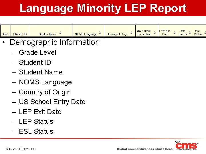 Language Minority LEP Report • Demographic Information – – – – – Grade Level