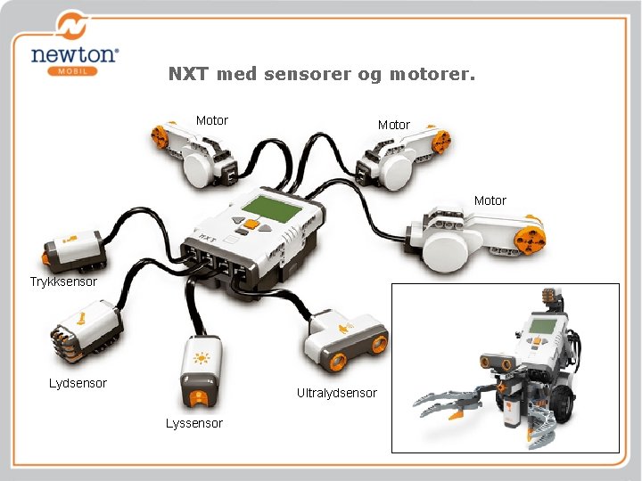 NXT med sensorer og motorer. Motor Trykksensor Lydsensor Ultralydsensor Lyssensor 