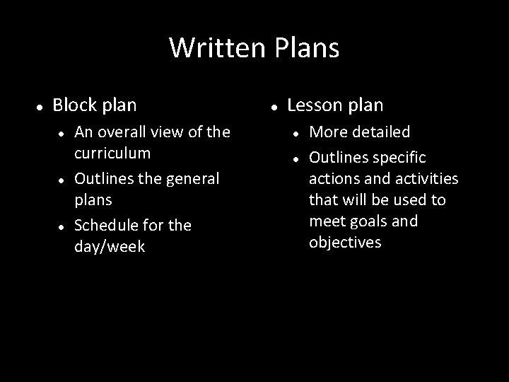 Written Plans Block plan An overall view of the curriculum Outlines the general plans