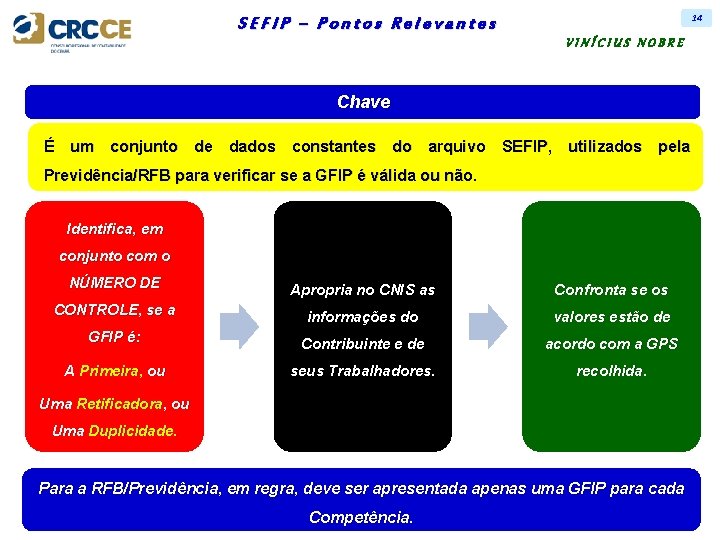 14 SEFIP – Pontos Relevantes VINÍCIUS NOBRE Chave É um conjunto de dados constantes