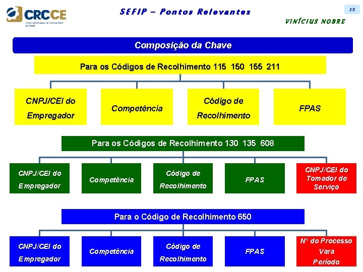 15 SEFIP – Pontos Relevantes VINÍCIUS NOBRE Composição da Chave Para os Códigos de