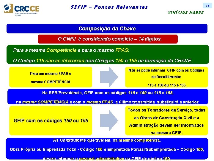 16 SEFIP – Pontos Relevantes VINÍCIUS NOBRE Composição da Chave O CNPJ é considerado