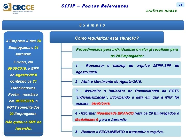 24 SEFIP – Pontos Relevantes VINÍCIUS NOBRE Exemplo A Empresa A tem 20 Empregados