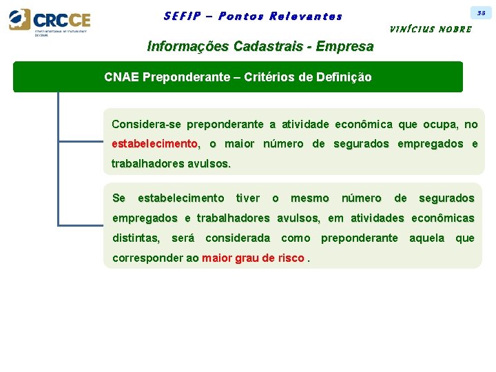 38 SEFIP – Pontos Relevantes VINÍCIUS NOBRE Informações Cadastrais - Empresa CNAE Preponderante –