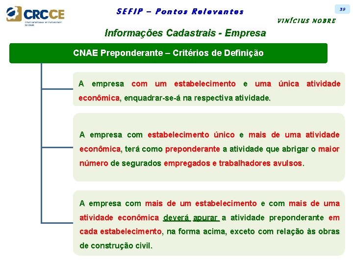 39 SEFIP – Pontos Relevantes VINÍCIUS NOBRE Informações Cadastrais - Empresa CNAE Preponderante –