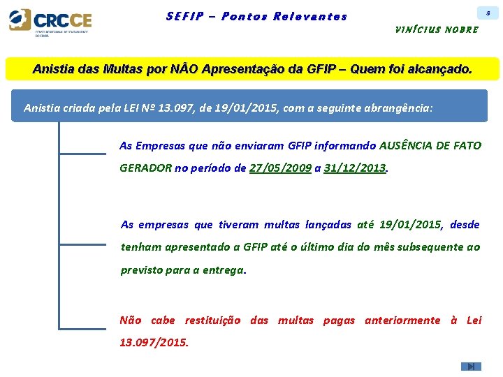 8 SEFIP – Pontos Relevantes VINÍCIUS NOBRE Anistia das Multas por NÃO Apresentação da