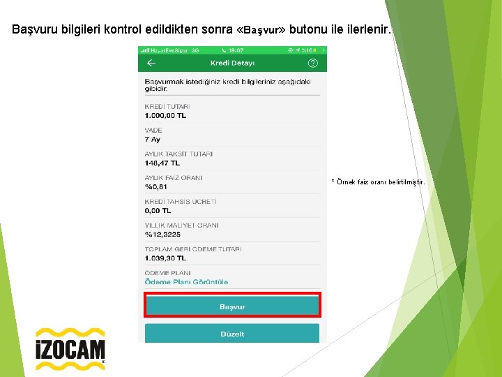 Başvuru bilgileri kontrol edildikten sonra «Başvur» butonu ilerlenir. * Örnek faiz oranı belirtilmiştir. 