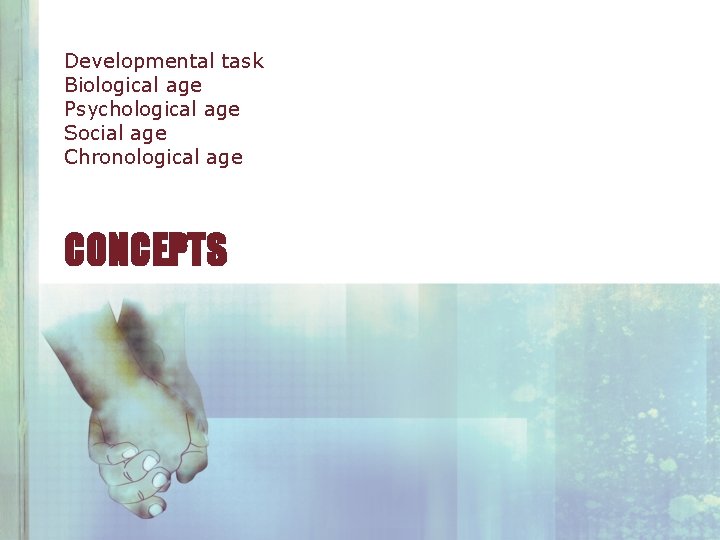 Developmental task Biological age Psychological age Social age Chronological age CONCEPTS 