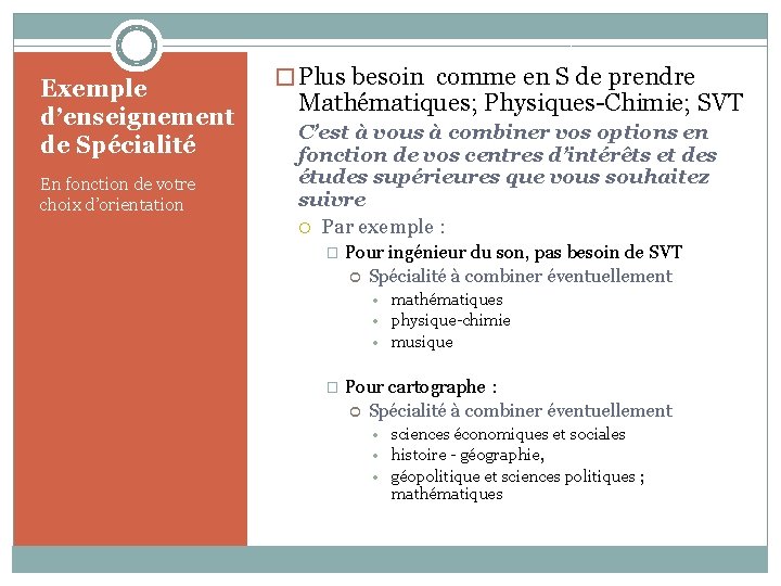 Exemple d’enseignement de Spécialité En fonction de votre choix d’orientation � Plus besoin comme