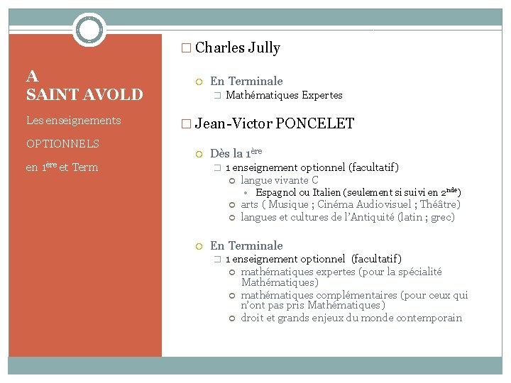 � Charles Jully A SAINT AVOLD Les enseignements OPTIONNELS En Terminale � Mathématiques Expertes