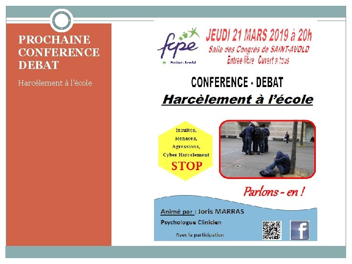 PROCHAINE CONFERENCE DEBAT Harcèlement à l’école 