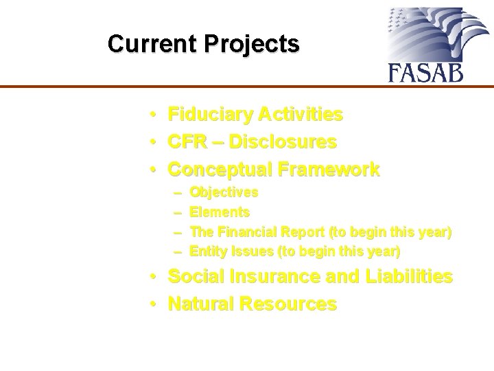 Current Projects • • • Fiduciary Activities CFR – Disclosures Conceptual Framework – –
