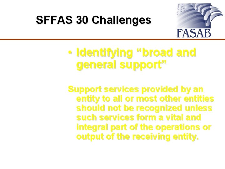 SFFAS 30 Challenges • Identifying “broad and general support” Support services provided by an