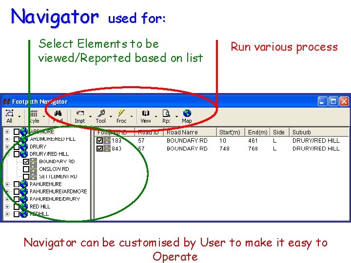 Navigator used for: Select Elements to be viewed/Reported based on list Run various process