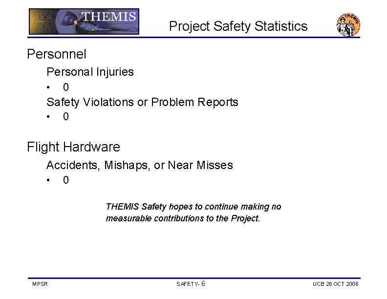 Project Safety Statistics Personnel Personal Injuries • 0 Safety Violations or Problem Reports •