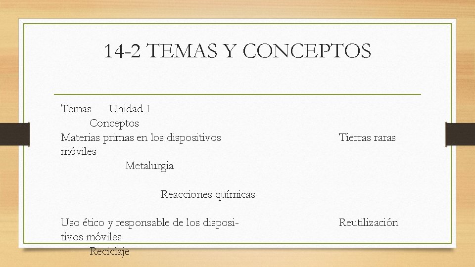 14 -2 TEMAS Y CONCEPTOS Temas Unidad I Conceptos Materias primas en los dispositivos