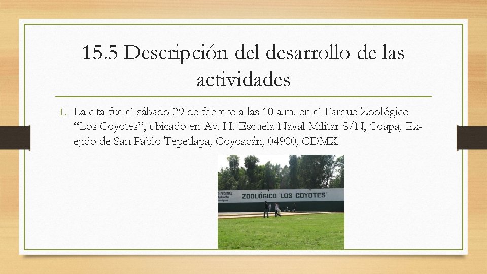15. 5 Descripción del desarrollo de las actividades 1. La cita fue el sábado