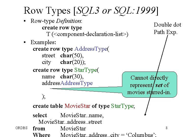 Row Types [SQL 3 or SQL: 1999] • Row-type Definition: Double dot create row
