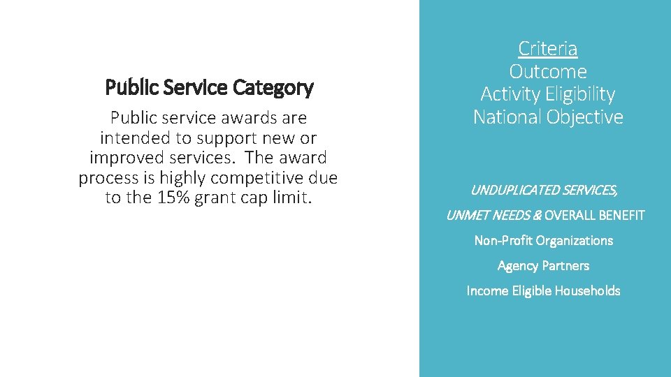 Public Service Category Public service awards are intended to support new or improved services.