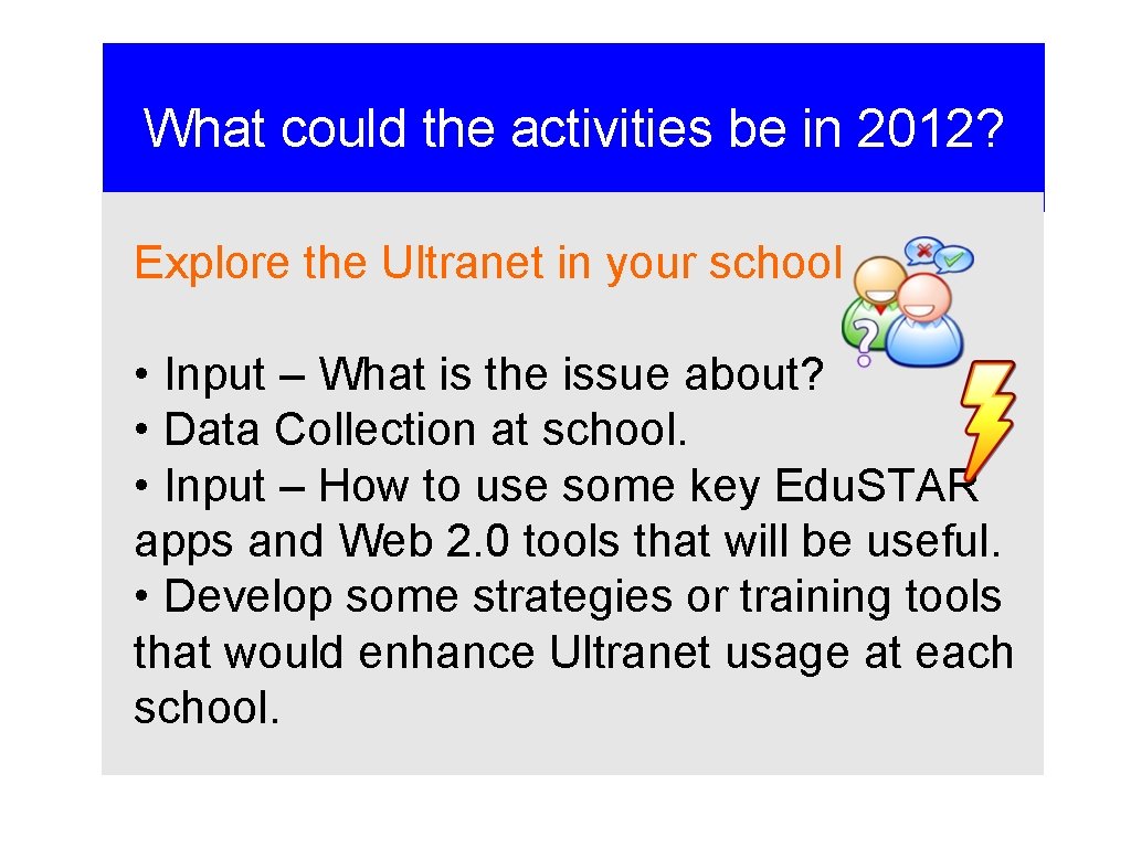 What could the activities be in 2012? Explore the Ultranet in your school •