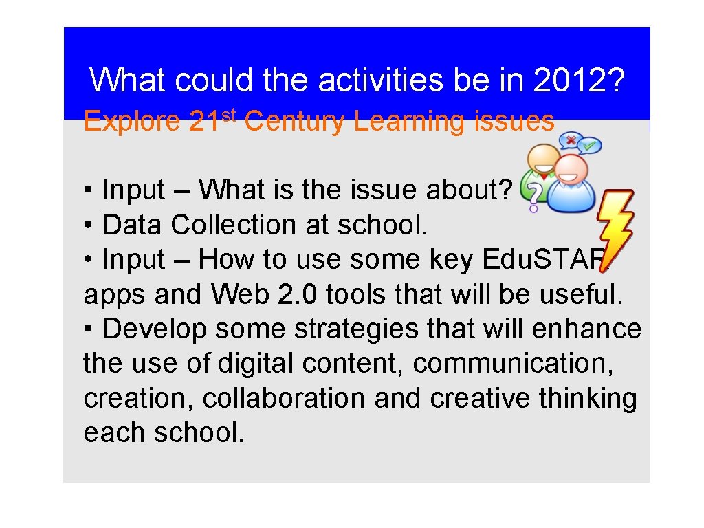 What could the activities be in 2012? Explore 21 st Century Learning issues •