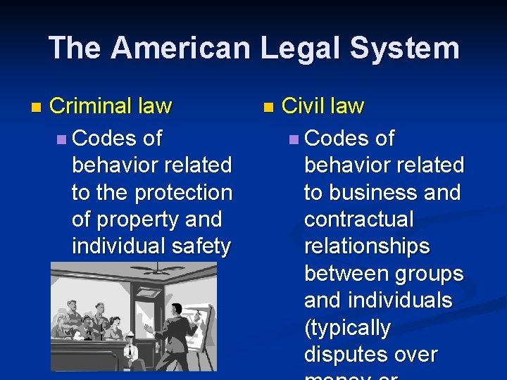 The American Legal System n Criminal law n Codes of behavior related to the