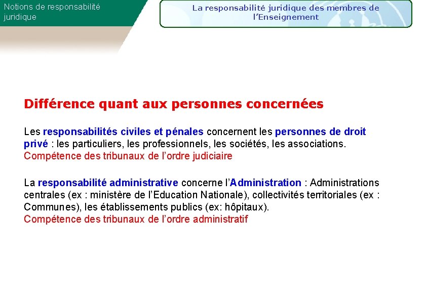 Notions de responsabilité juridique La responsabilité juridique des membres de l’Enseignement Différence quant aux