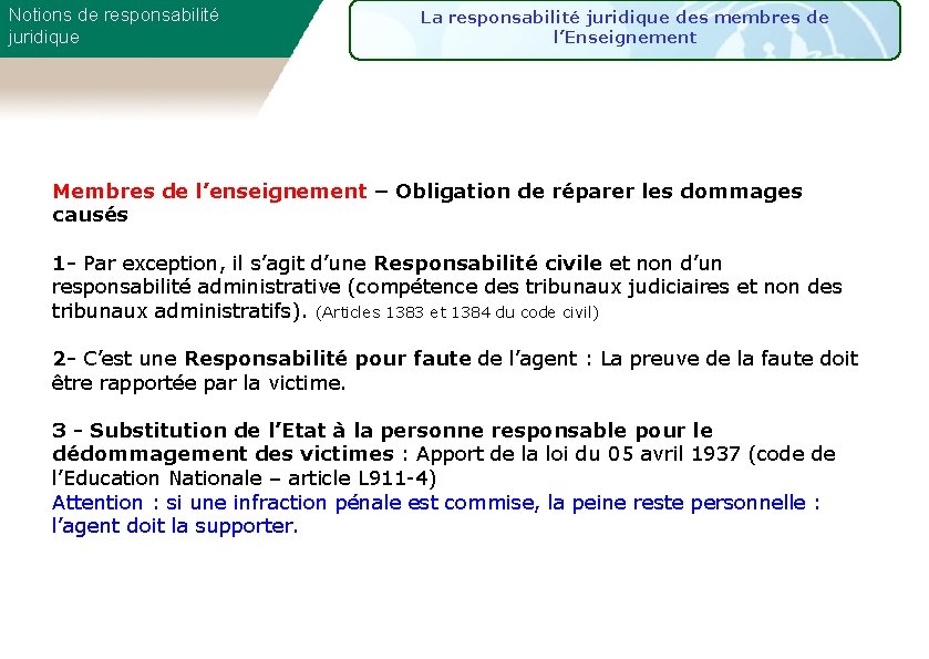 Notions de responsabilité juridique La responsabilité juridique des membres de l’Enseignement Membres de l’enseignement