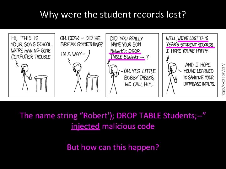 http: //xkcd. com/327/ Why were the student records lost? The name string “Robert'); DROP
