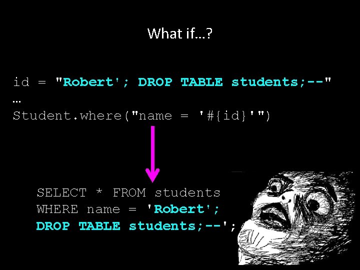 What if…? id = "Robert'; DROP TABLE students; --" … Student. where("name = '#{id}'")