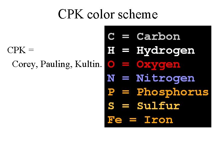 CPK color scheme CPK = Corey, Pauling, Kultin. 