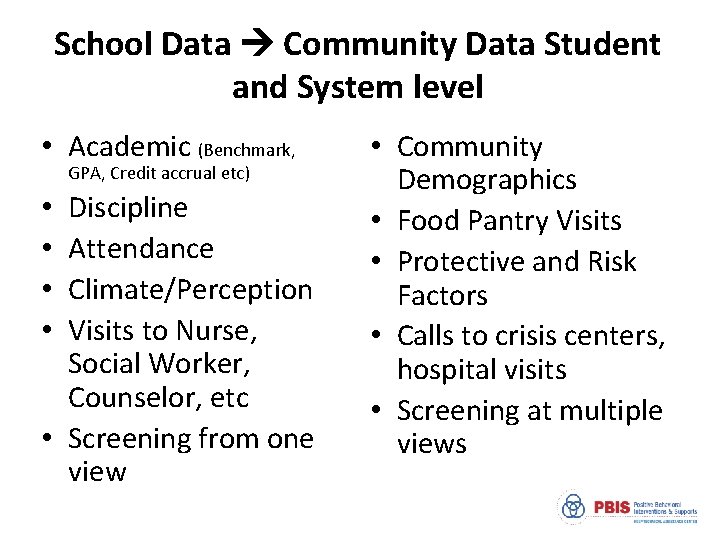 School Data Community Data Student and System level • Academic (Benchmark, GPA, Credit accrual