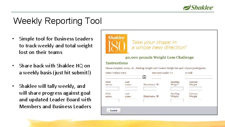 Weekly Reporting Tool • Simple tool for Business Leaders to track weekly and total