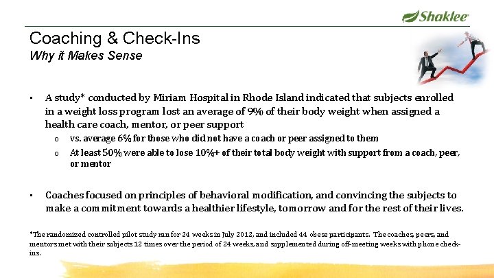 Coaching & Check-Ins Why it Makes Sense • A study* conducted by Miriam Hospital
