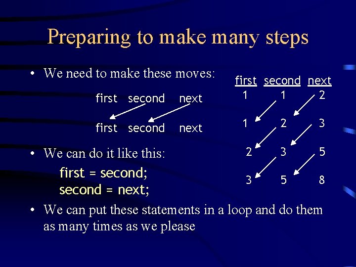 Preparing to make many steps • We need to make these moves: first second