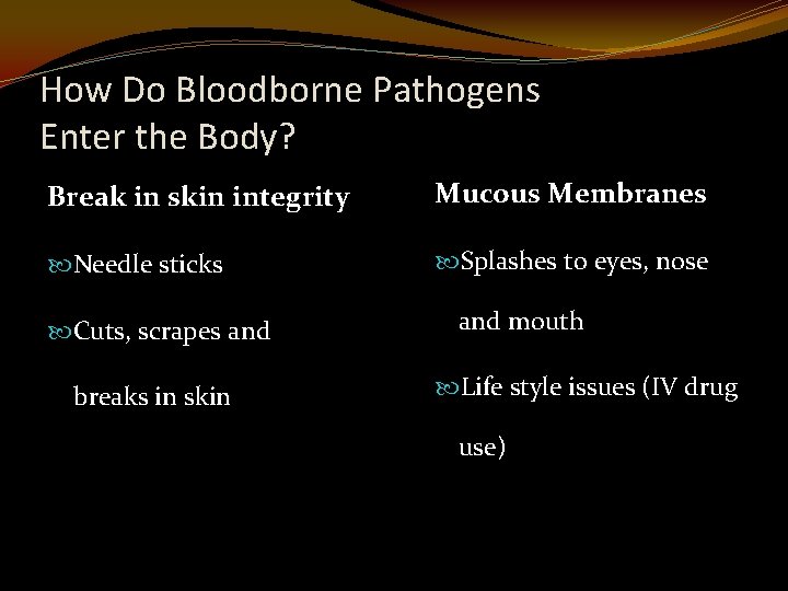 How Do Bloodborne Pathogens Enter the Body? Break in skin integrity Mucous Membranes Needle