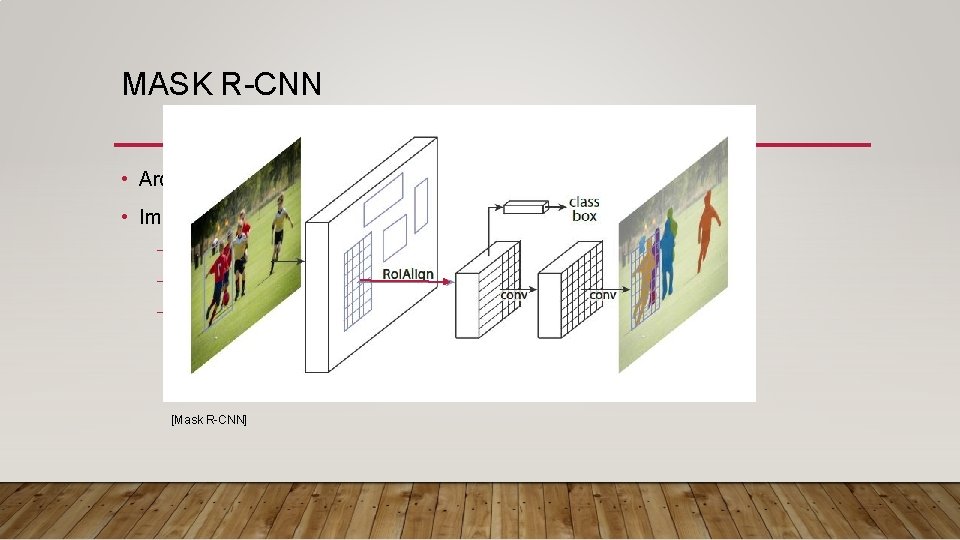 MASK R-CNN • Architecture : Faster R-CNN + mask prediction branch • Improvements :