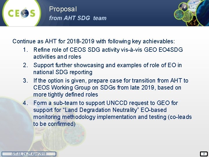 Proposal from AHT SDG team Continue as AHT for 2018 -2019 with following key