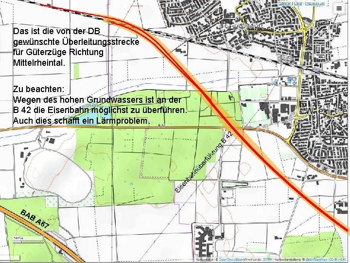 Das ist die von der DB gewünschte Überleitungsstrecke für Güterzüge Richtung Mittelrheintal. Zu beachten: