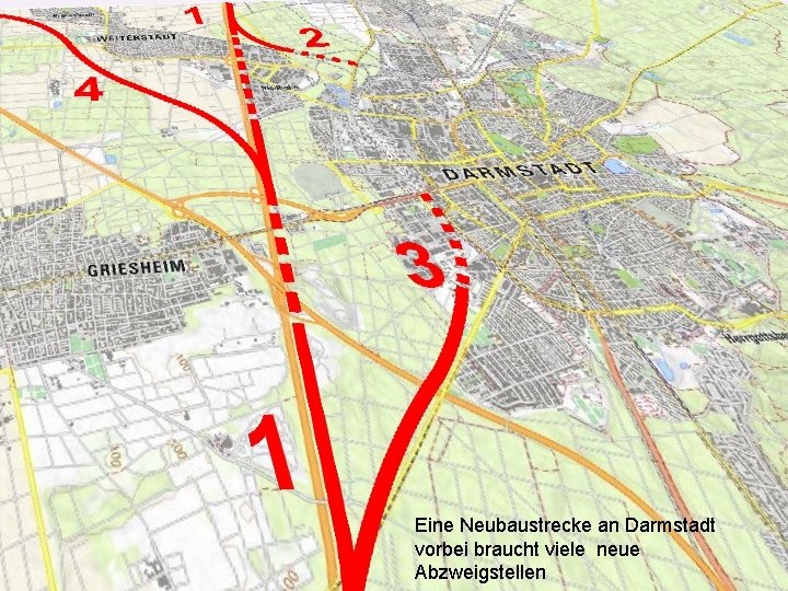 Eine Neubaustrecke an Darmstadt vorbei braucht viele neue Abzweigstellen 