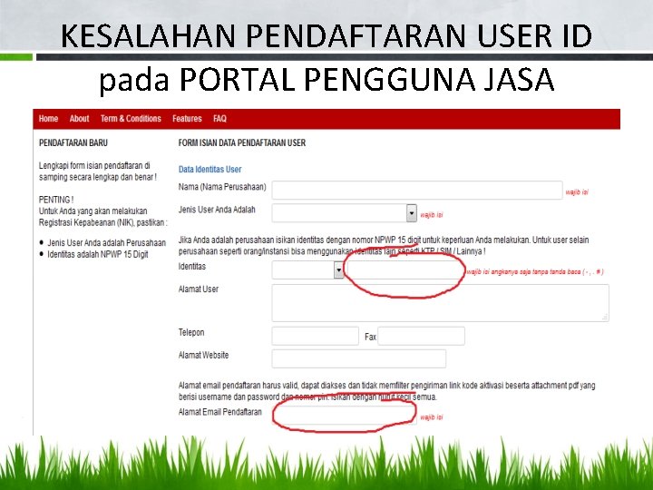 KESALAHAN PENDAFTARAN USER ID pada PORTAL PENGGUNA JASA 
