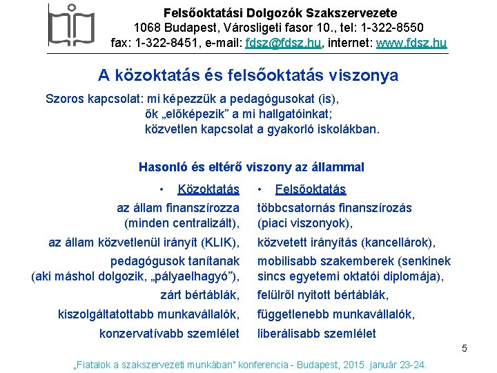 Felsőoktatási Dolgozók Szakszervezete 1068 Budapest, Városligeti fasor 10. , tel: 1 -322 -8550 fax: